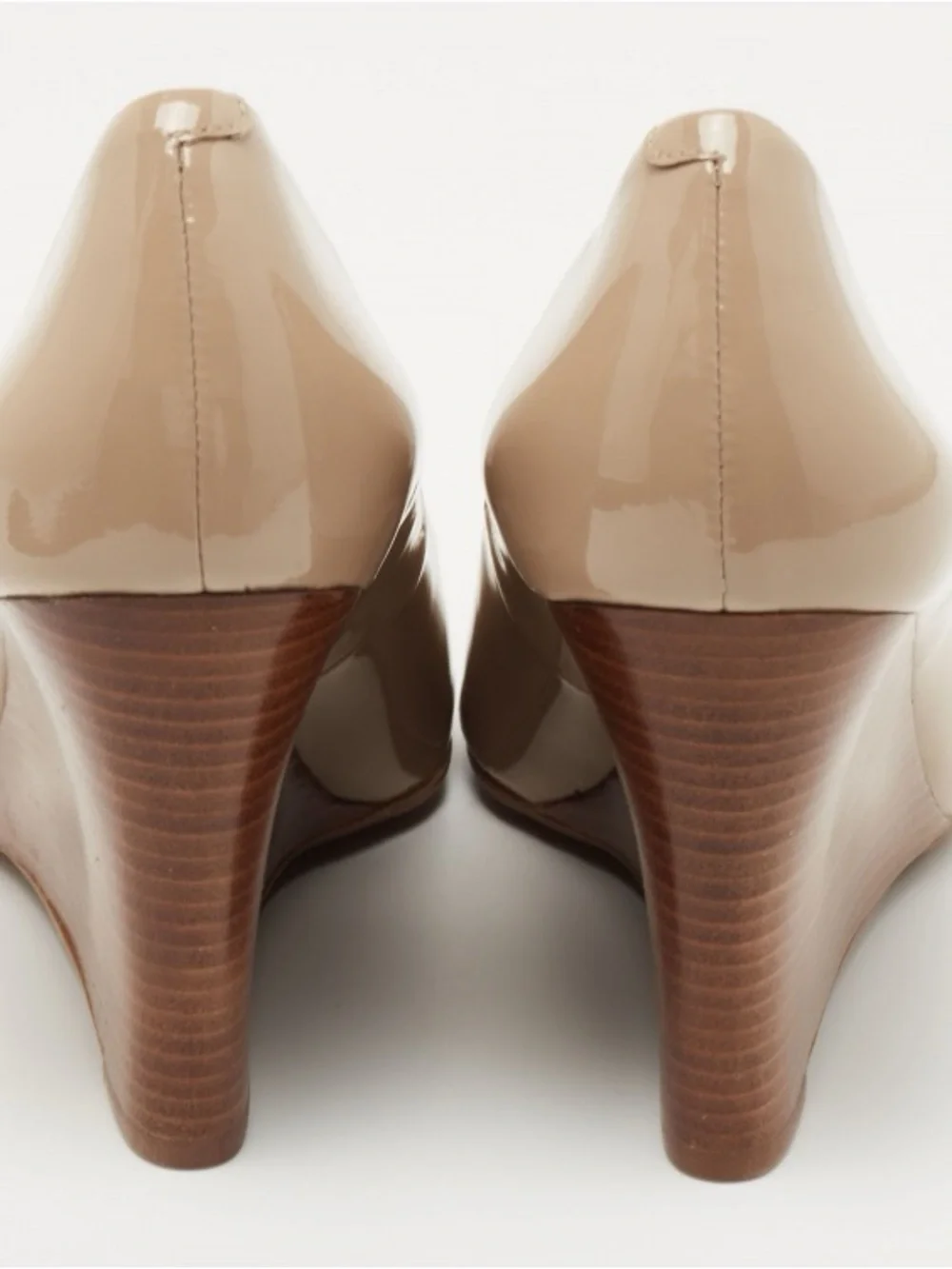 Tory Burch Beige Patent Leather Jade Peep Toe Wedge Pumps Size 6.5